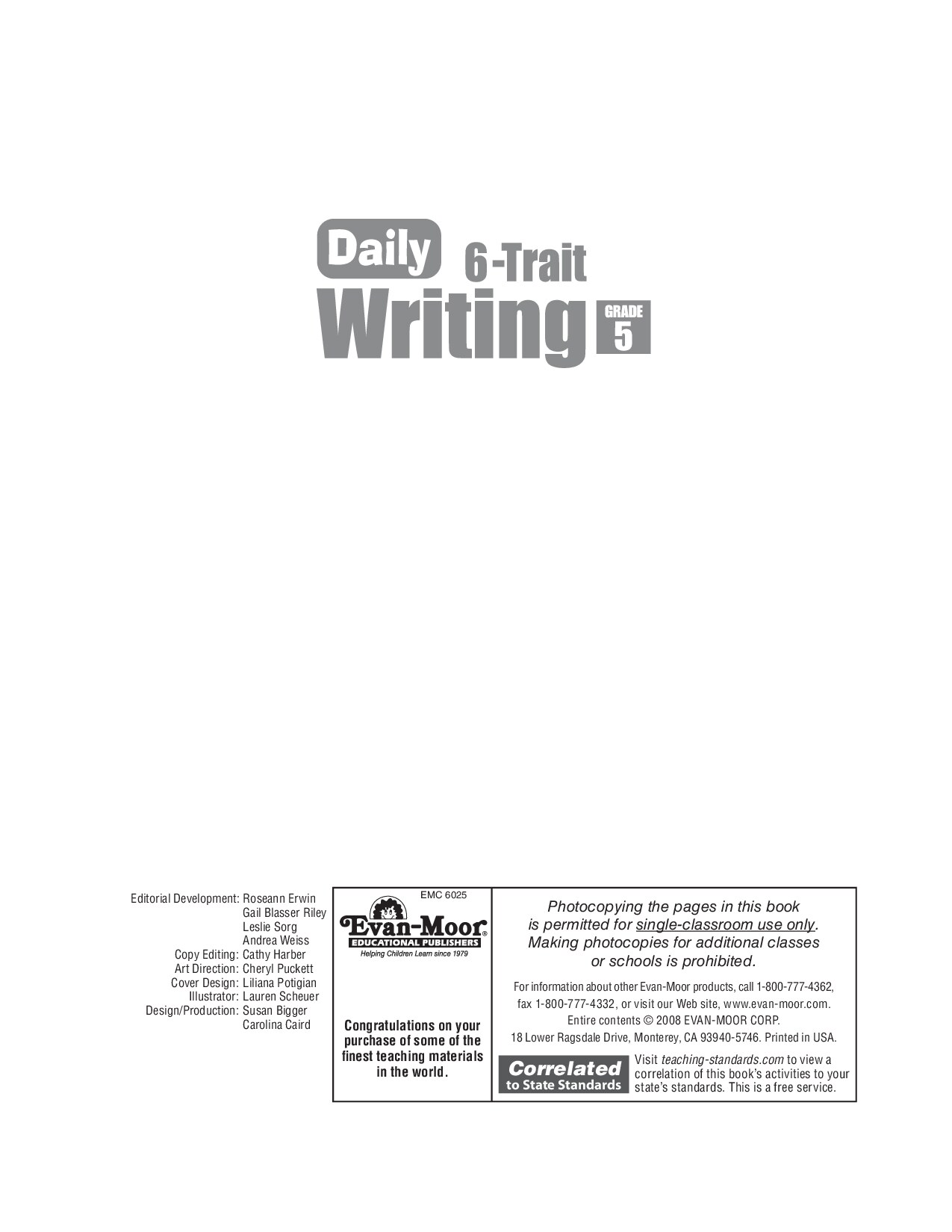 Daily 6-Trait Writing, Grade 5