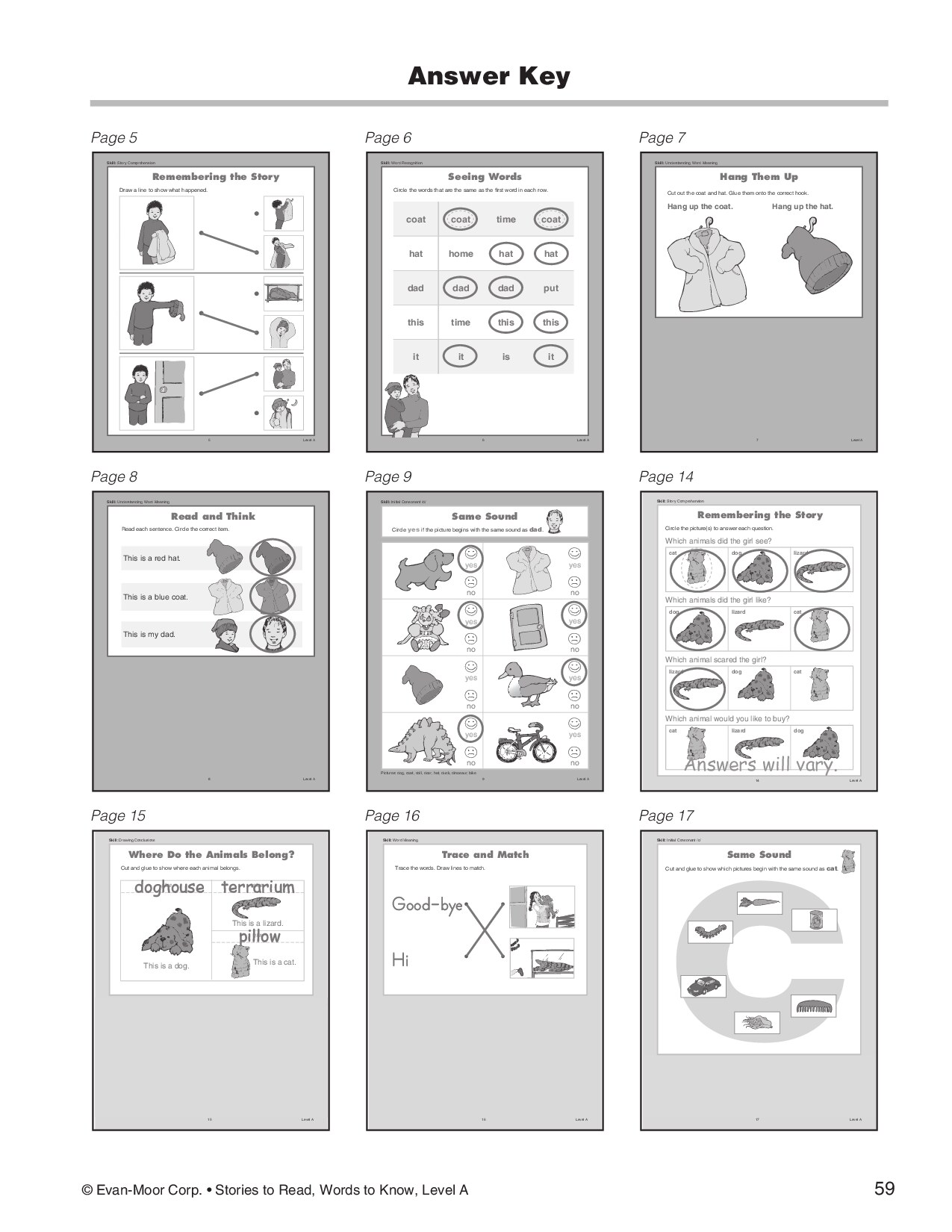 Stories to Read, Words to Know, Level A Answer Key