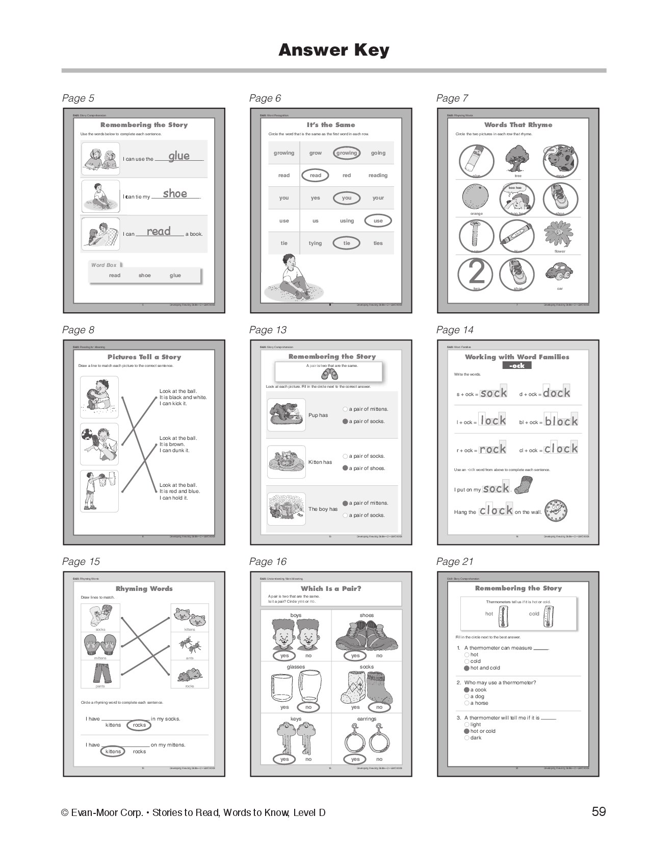 Stories to Read, Words to Know, Level D Answer Key