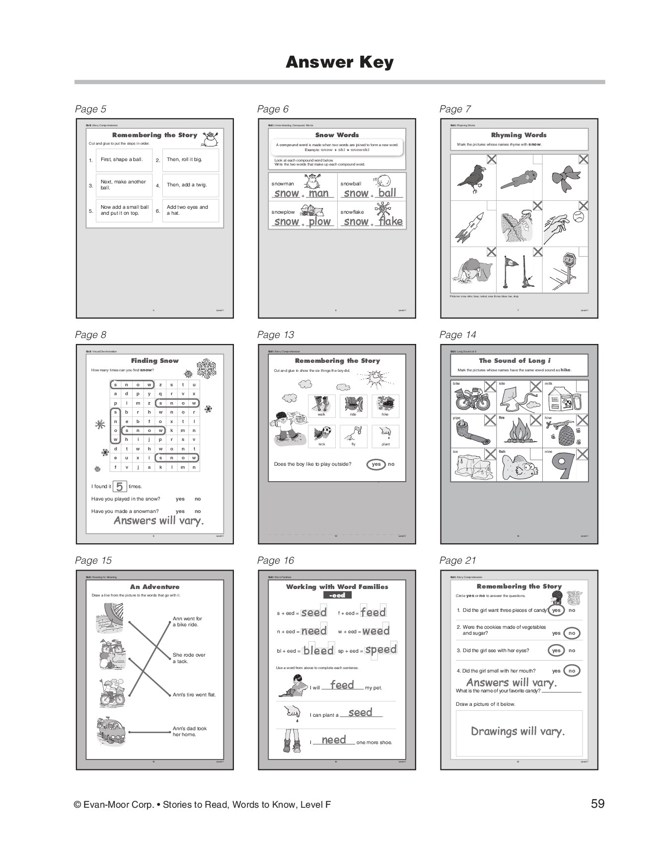 Stories to Read, Words to Know, Level F Answer Key