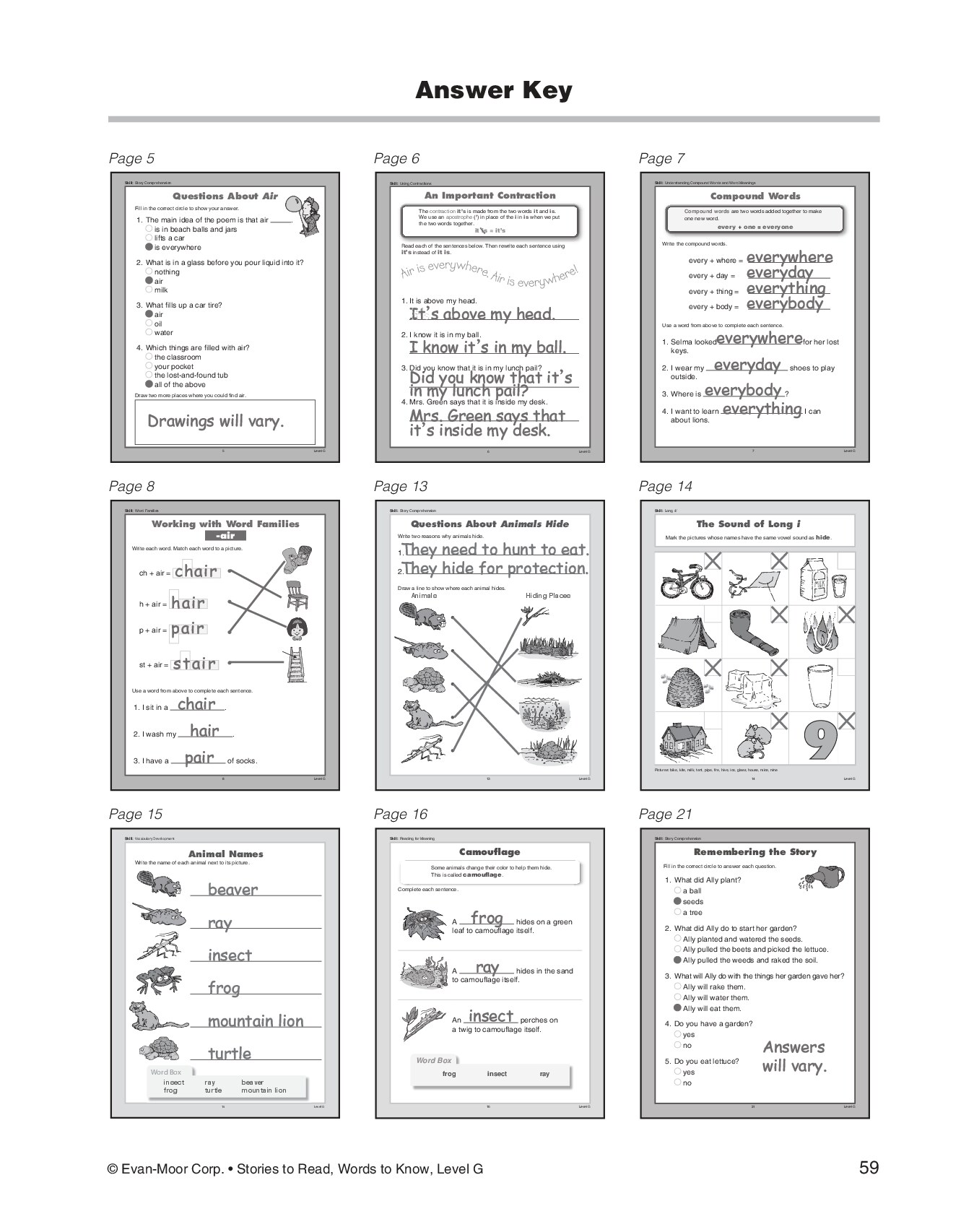 Stories to Read, Words to Know, Level G Answer Key