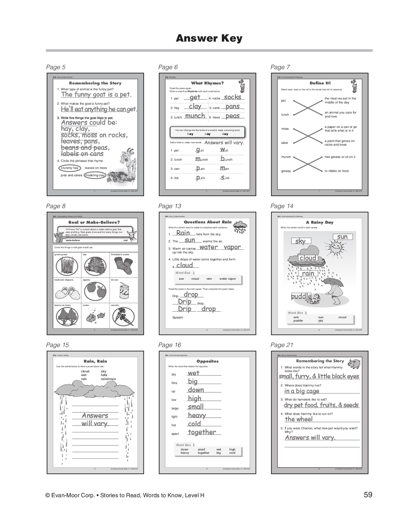 Stories to Read, Words to Know, Level H Answer Key