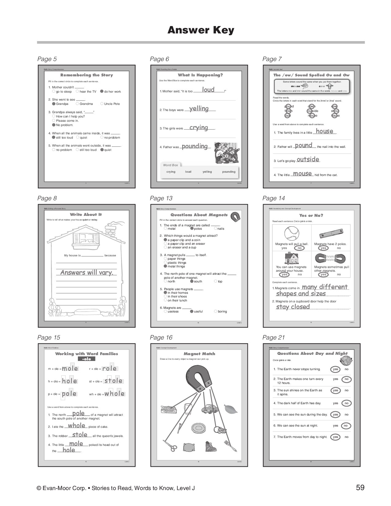 Stories to Read, Words to Know, Level J Answer Key