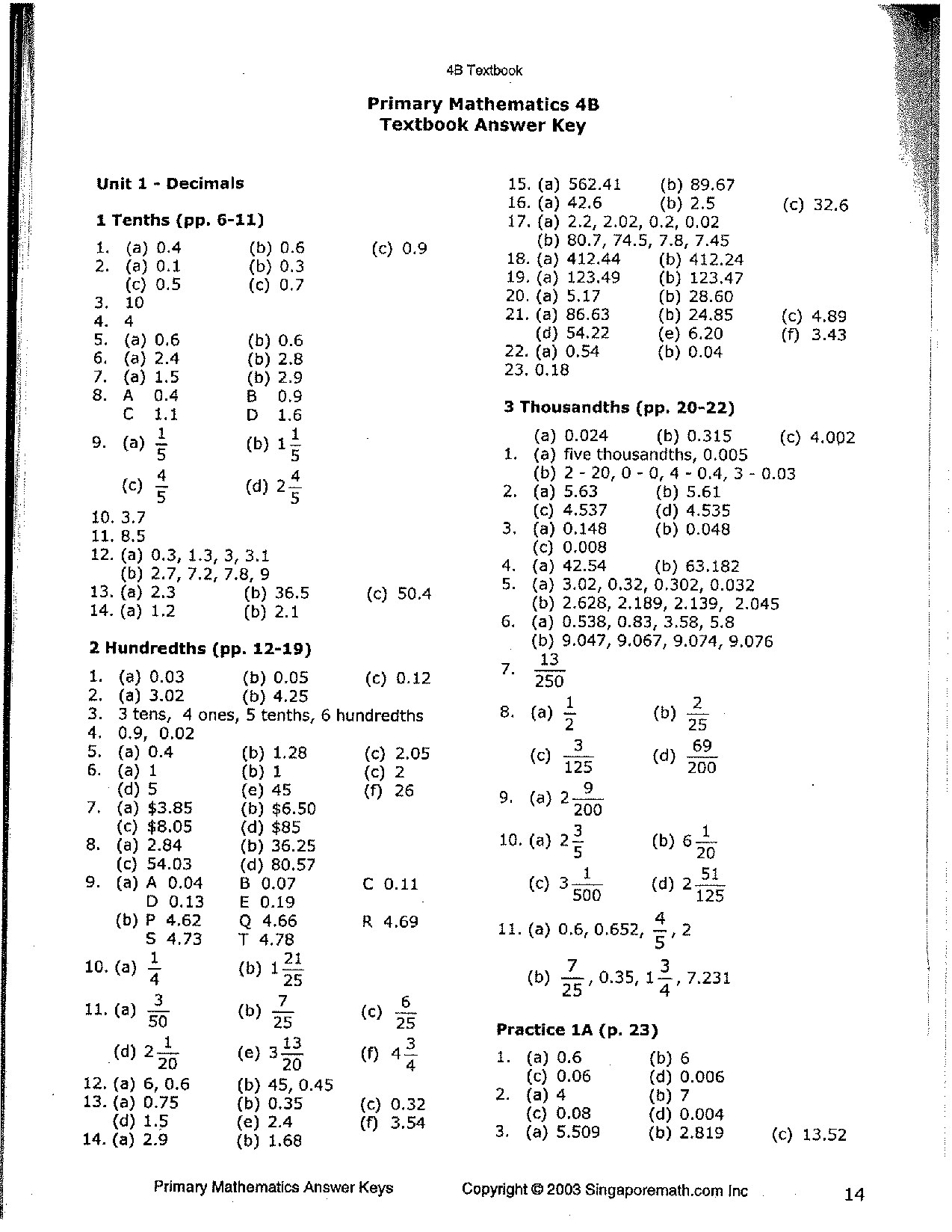 Primary Mathematics U.S. Edition AnswerKeys 4B