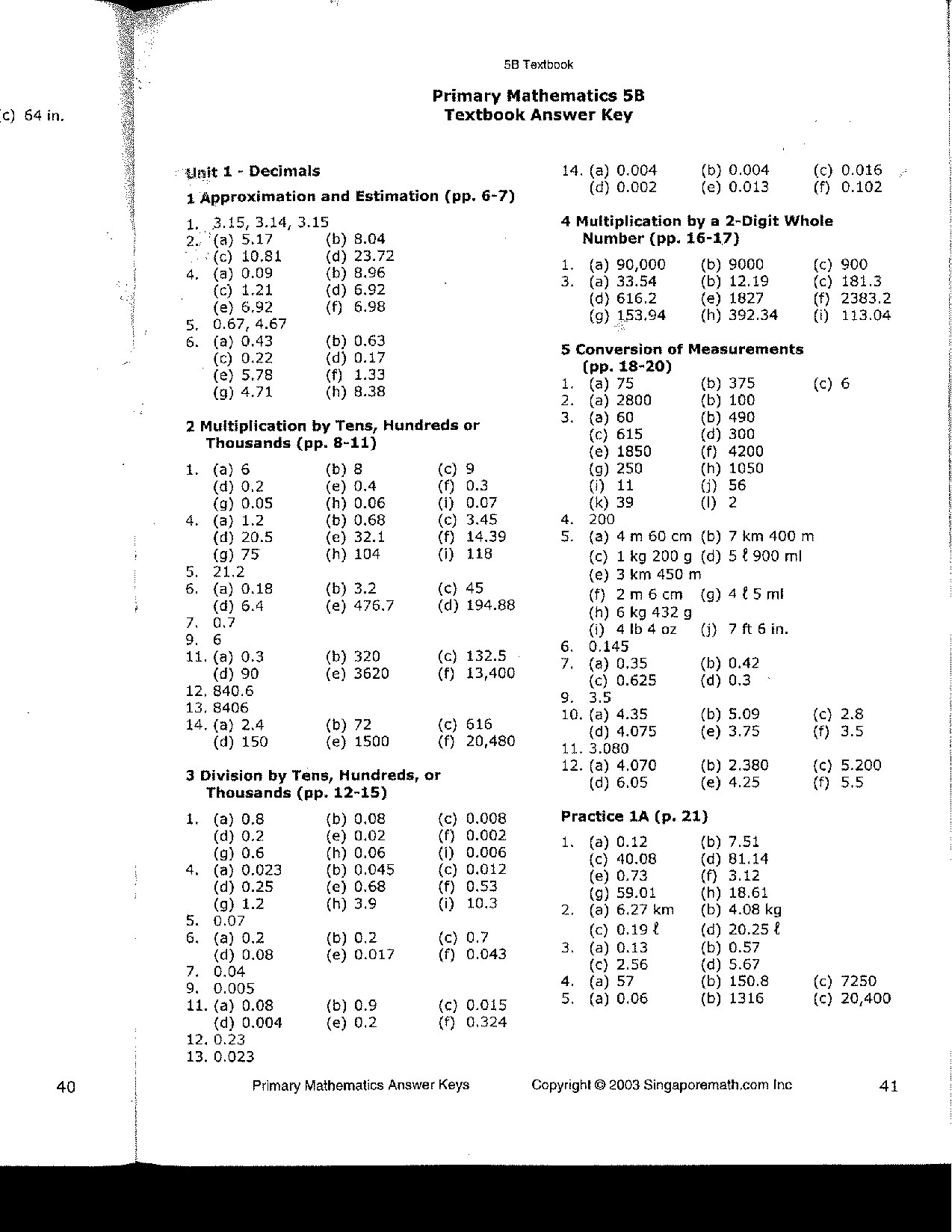 Primary Mathematics U.S. Edition AnswerKeys 5B