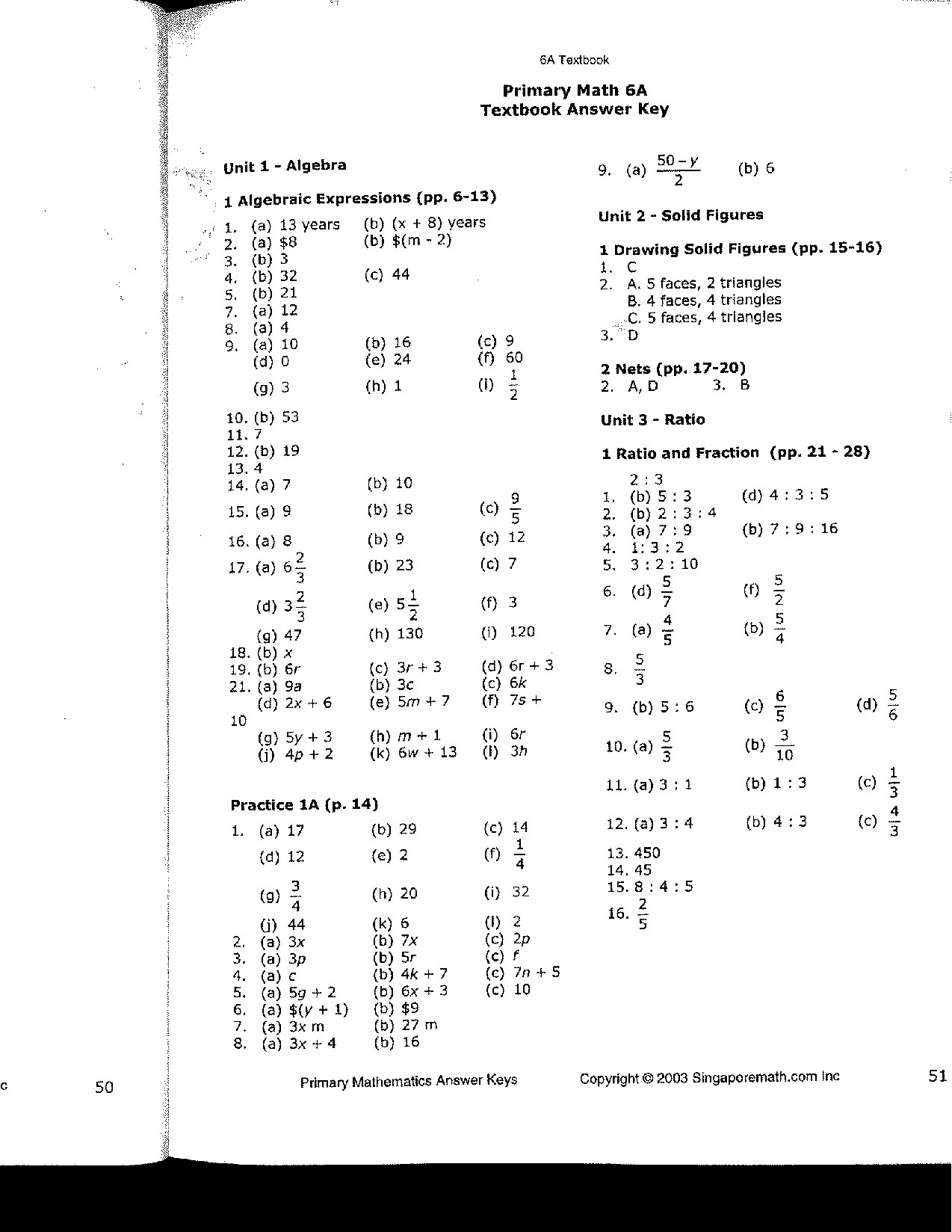 Primary Mathematics U.S. Edition AnswerKeys 6A