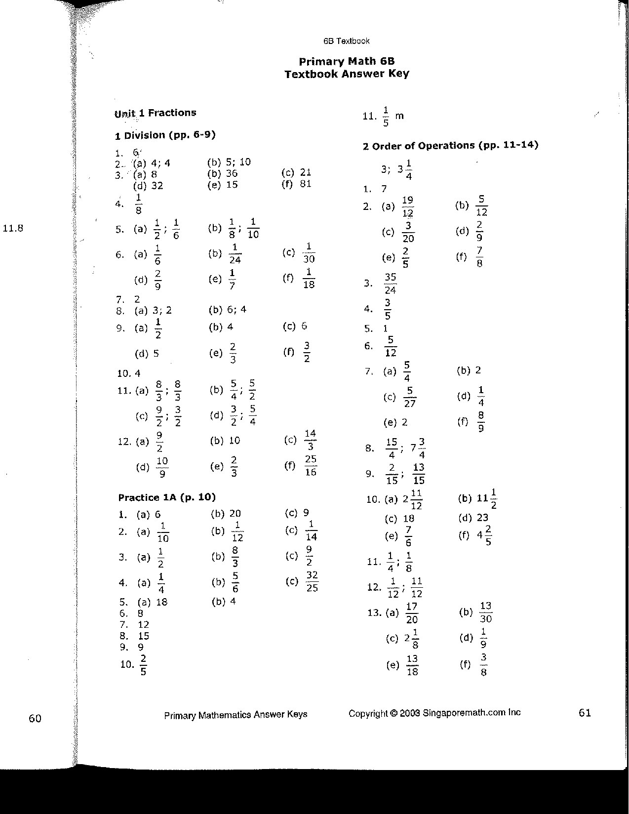 Primary Mathematics U.S. Edition AnswerKeys 6B